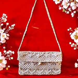 Vintage Macrame Shoulder Handbag Made in Columbia Cream Color Wood Bead AS IS